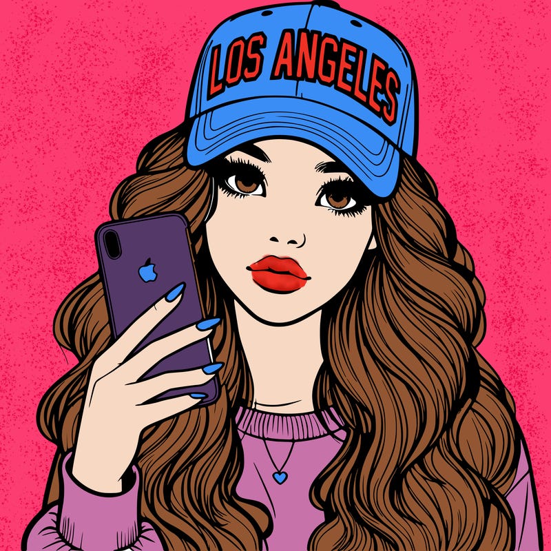 realistic beautiful girl wearing los ángeles cap holding an iphone