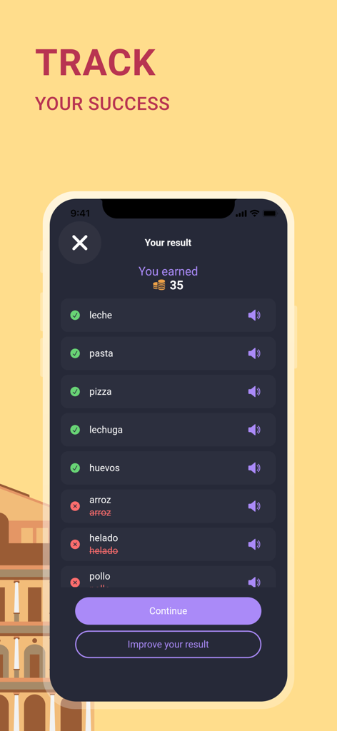 Spanish Words A1-B1 | 2Shine - Tela de resultados no aplicativo de aprendizado de espanhol 2Shine mostrando palavras corretas e recompensas ganhas