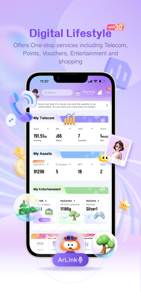 MyLink My Zone - MyLink My Zone app dashboard showing telecom management, loyalty points, and digital lifestyle services