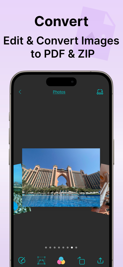 Edit Word Document with OffiX - OffiX app interface showing image editing tools and options to convert photos to PDF and ZIP formats