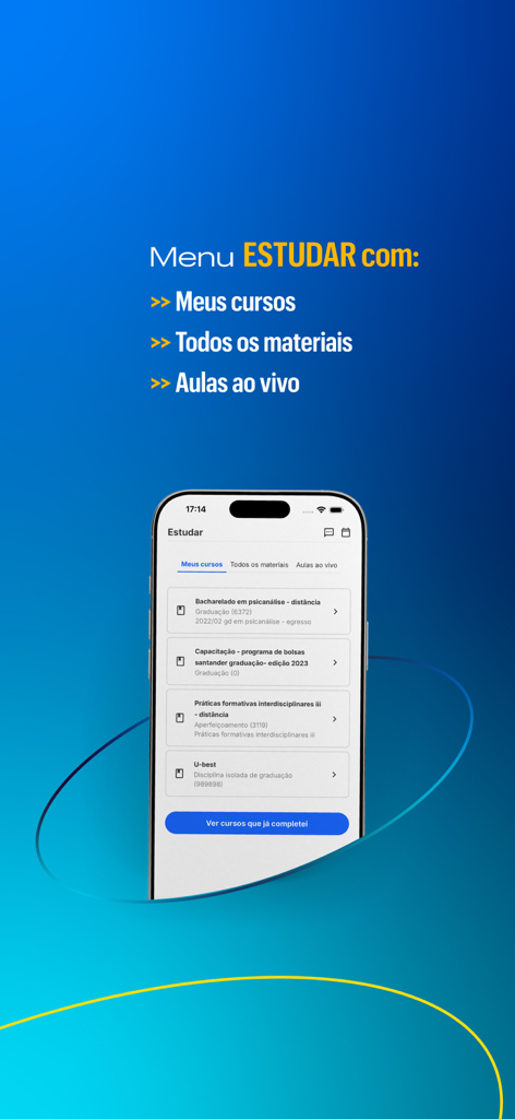 Tela de smartphone mostrando o menu de estudos do app Uninter com listas de cursos e materiais de aprendizagem