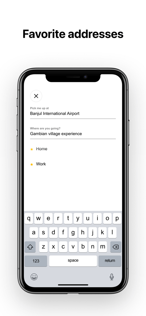 Gamride Pro: Gambia Taxi - Pantalla de direcciones favoritas en la aplicación Gamride Pro para reservar taxis en Gambia.
