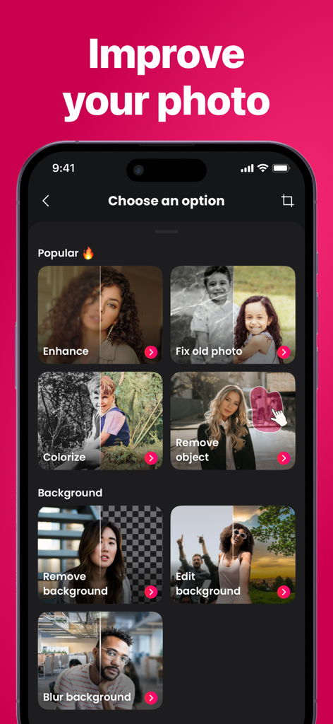 Remaxi: Unblur & Repair Photo - Interface of Remaxi app showing photo enhancement and restoration options like colorize and fix old photo