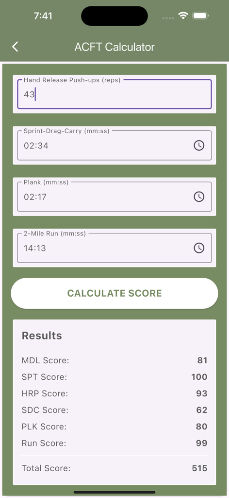 Army Fitness - ACFT score calculator interface showing event inputs and individual event scores with a total score