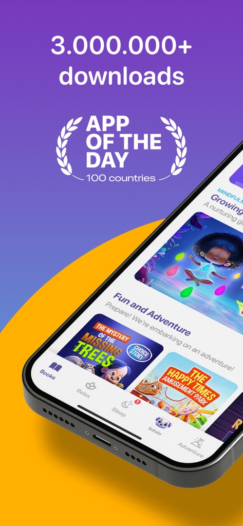 Kidly: Bedtime Books for Kids - A smartphone screen displaying the Kidly app with over 3 million downloads and an App of the Day award featuring various children's books and mindfulness stories.