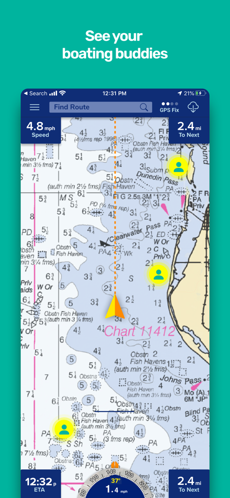 PRO CHARTS - Marine Navigation - 海事チャート上のバディートラッキング機能を示すPro Charts海事ナビゲーションアプリのインターフェイス。
