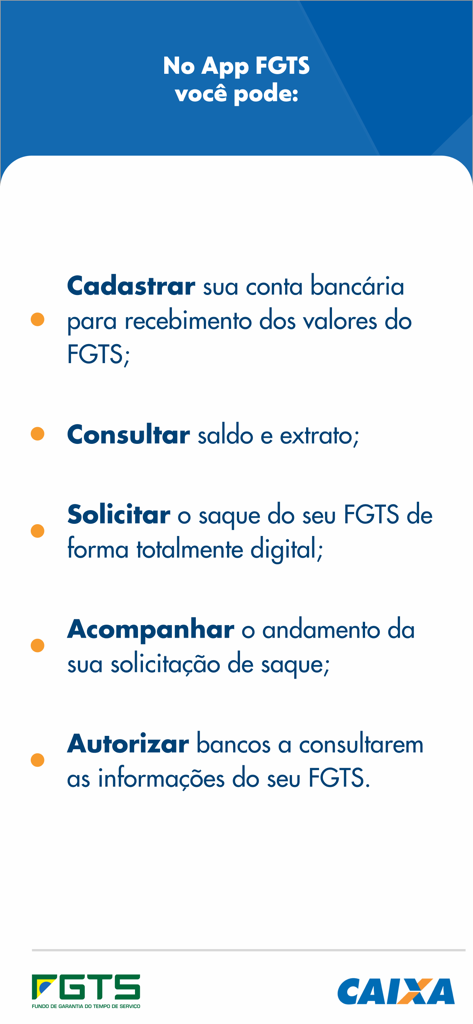 FGTS - List of features available in the FGTS app including balance check and digital withdrawal