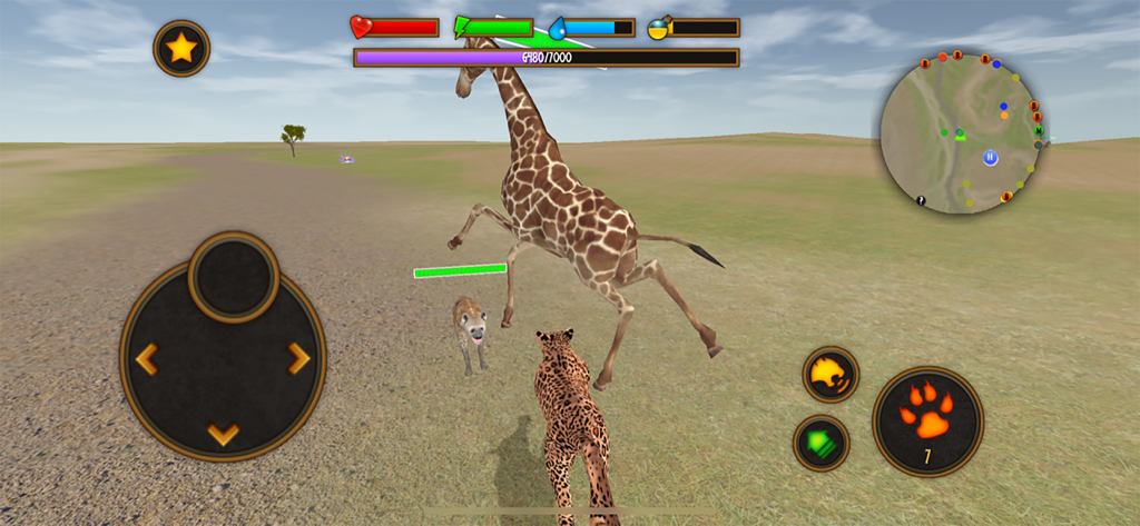 Leopard and hyena chasing a giraffe in a 3D safari simulation
