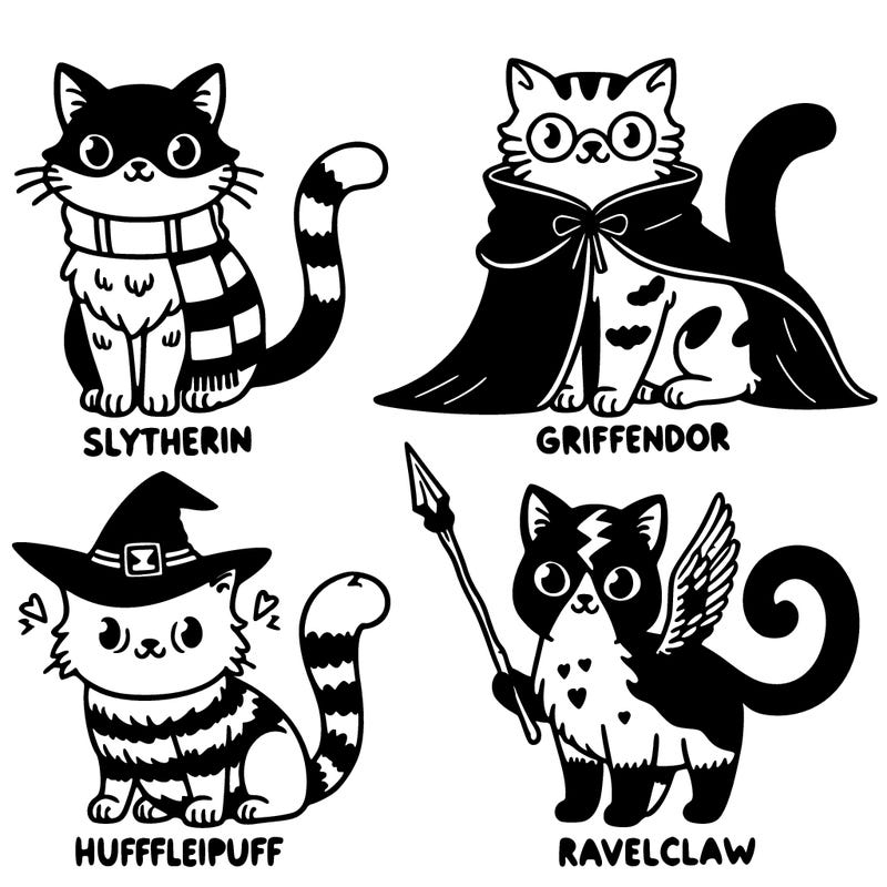 four different cats one slytherin one griffendor one hufflepuff one ravenclaw