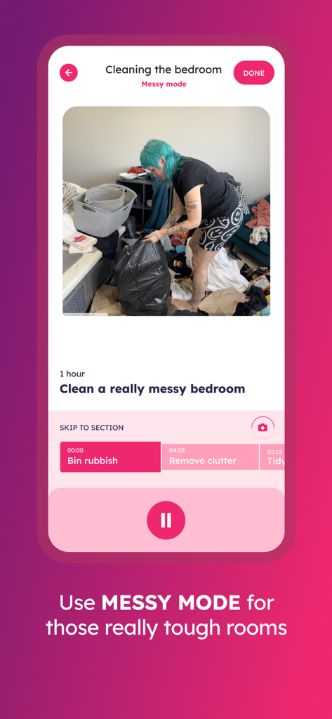 dubbii: the body doubling app - Interfaccia dell'app dubbii che mostra la modalità disordinata per la pulizia della camera da letto con body doubling video