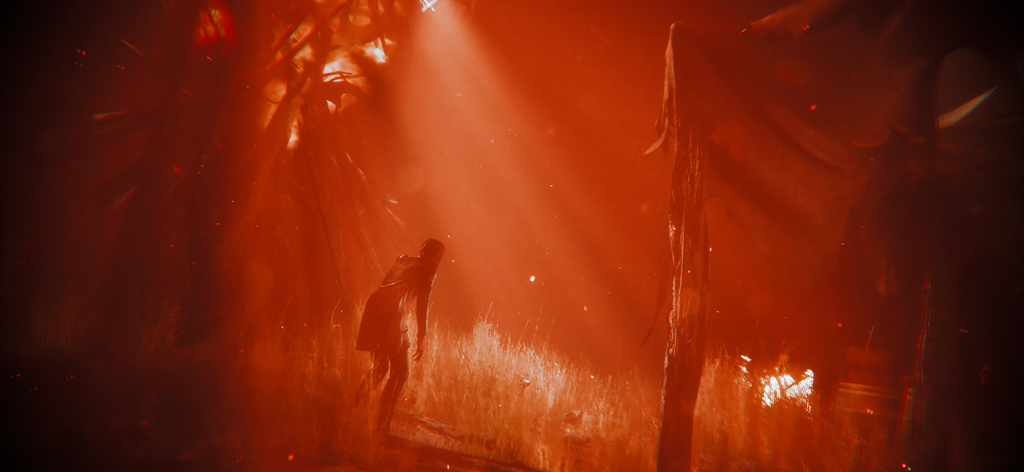 スポットライトとドラマチックな赤い照明がある霧深い環境の、神秘的なキャラクター