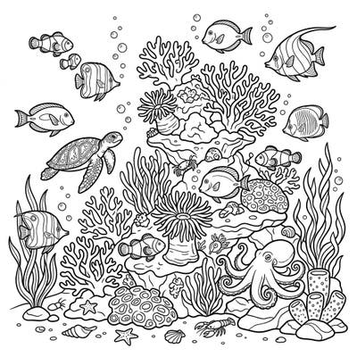 Embark on an exciting journey beneath the waves with this captivating underwater photography coloring page, brimming with diverse marine life and intricate coral reefs. Discover the beauty of the ocean as you bring vibrant fish, a graceful sea turtle, and an intelligent octopus to life with your favorite colors.