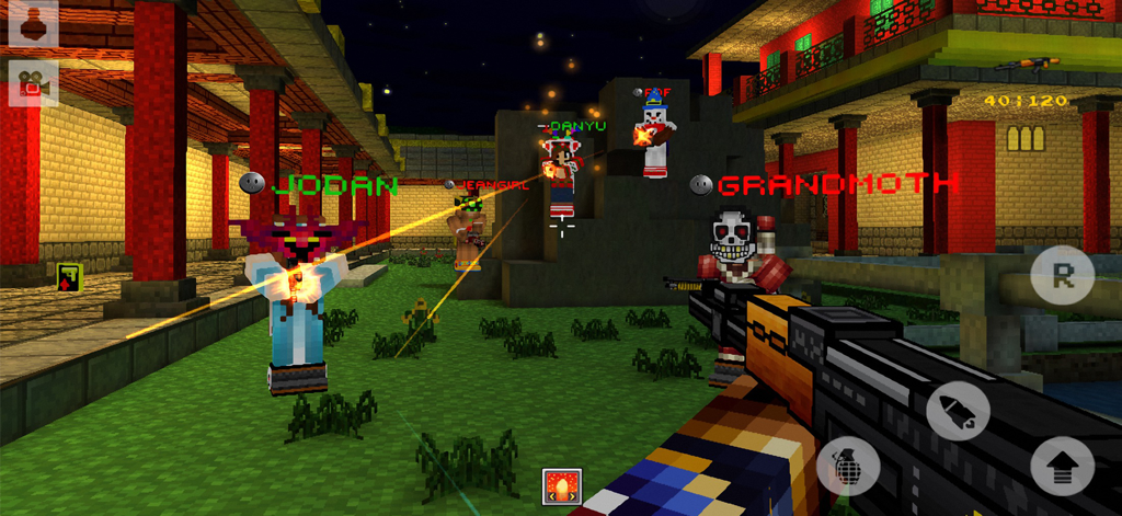 Block Force - 3D Pixel Shooter - First-person view of a 3D pixel shooter multiplayer match with blocky characters in a courtyard