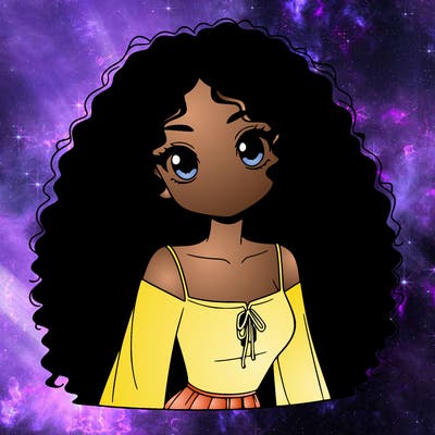 a black anime girl with long afro hair