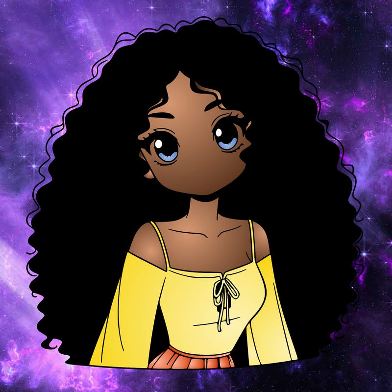 a black anime girl with long afro hair