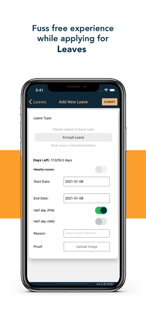 Payboy - Payboy mobile App-Oberfläche, die ein Formular zur Einreichung eines neuen Urlaubsantrags einschließlich Urlaubsart und Daten zeigt.