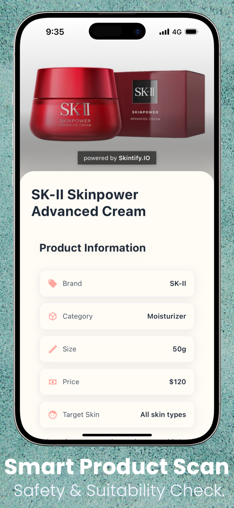 Skintify app interface showing a smart product scan for SK-II Skinpower Advanced Cream with details on price, brand, and skin type suitability.