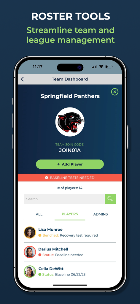 HitCheck: Cognitive Assessment - HitCheck-App-Oberfläche, die das Team-Dashboard mit einer Liste von Athleten und ihrem Status bei der kognitiven Bewertung zeigt.