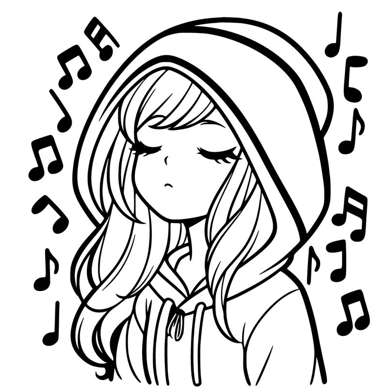 girl in hoodie with music notes