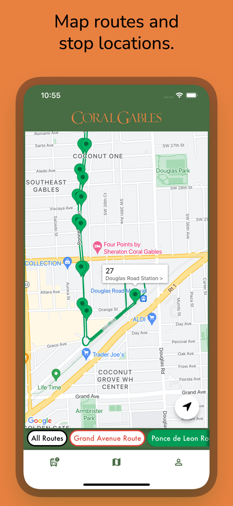 Interface de mapa do aplicativo Coral Gables Trolley Tracker mostrando rotas de trolley e locais de parada