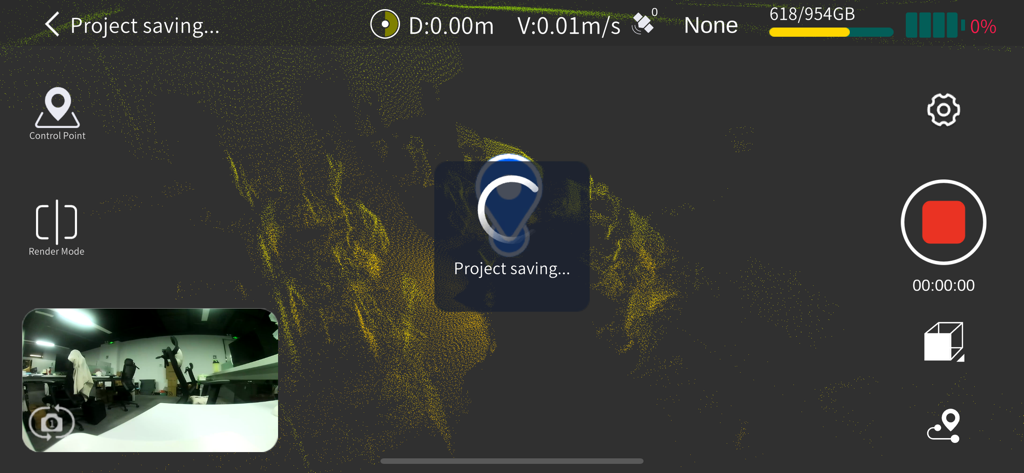 LixelGO app interface showing real-time 3D point cloud data and project saving status.