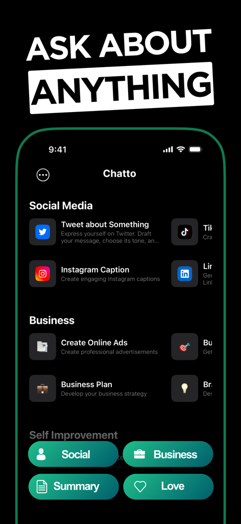 Chatto AI mobile application interface showing social media and business assistant features