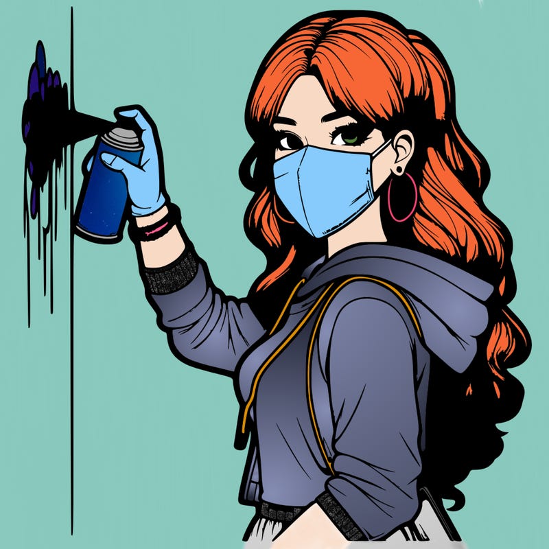 realistic girl with mask spray painting a wall