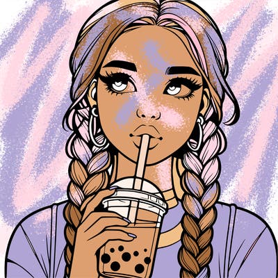 realistic girl with braided hair drinking boba