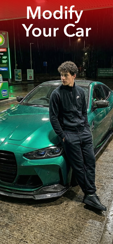 Car Modification AI - Carpeak - Un joven apoyado en un coche deportivo verde modificado por la noche con el texto Modifica tu Coche