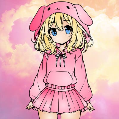 pretty anime girl wearing a fluffy hoodie with bunny ears on the hood and a skirt