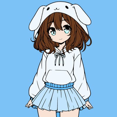 pretty anime girl wearing a fluffy hoodie with bunny ears on the hood and a skirt