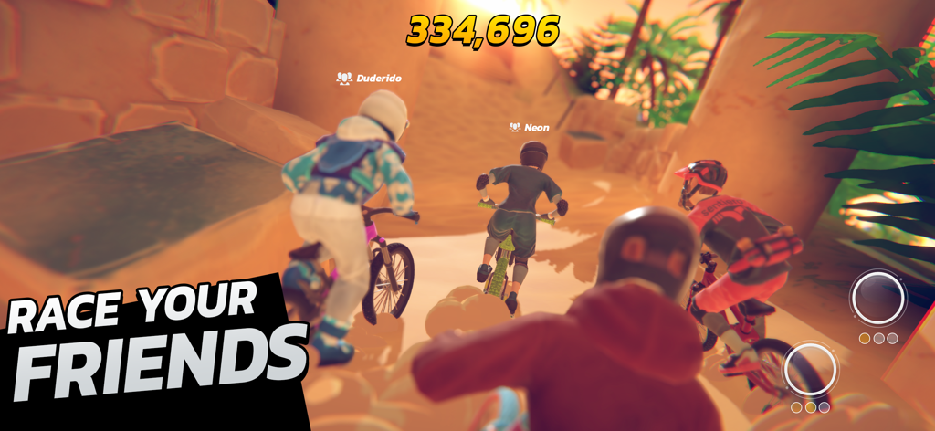 Touchgrind BMX 3: Rivals - 텍스트 Race Your Friends가 있는 사막 협곡 환경에서 BMX 바이크를 경주하는 네 명의 플레이어.