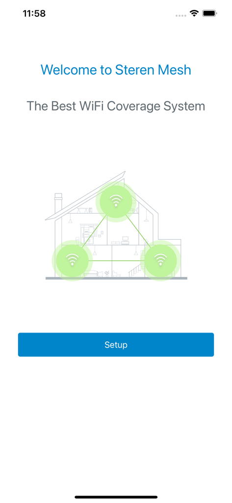 Steren WiFi - Tela de boas-vindas do aplicativo Steren WiFi para configuração do sistema mesh com diagrama de cobertura doméstica