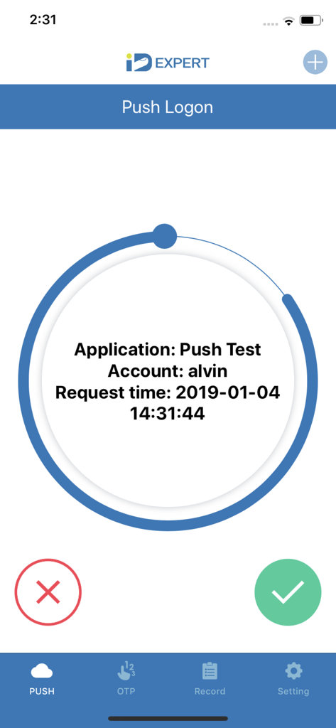 IDExpert mobile app push logon screen showing a login request with approve and decline buttons