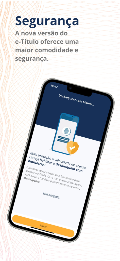 Screenshot of the e-Título app showing a prompt to enable biometric login for enhanced security and faster access.