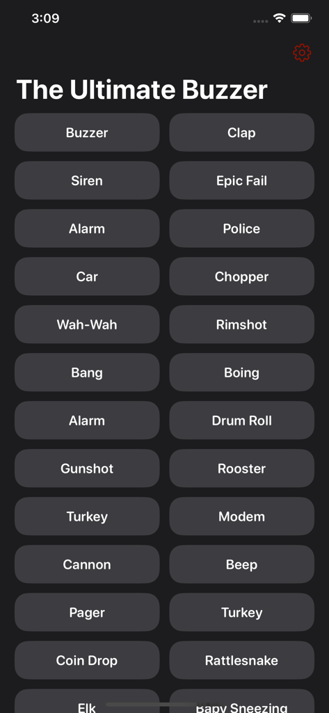 The Ultimate Buzzer - The Ultimate Buzzer app soundboard with buttons for various sound effects like buzzer siren and clap