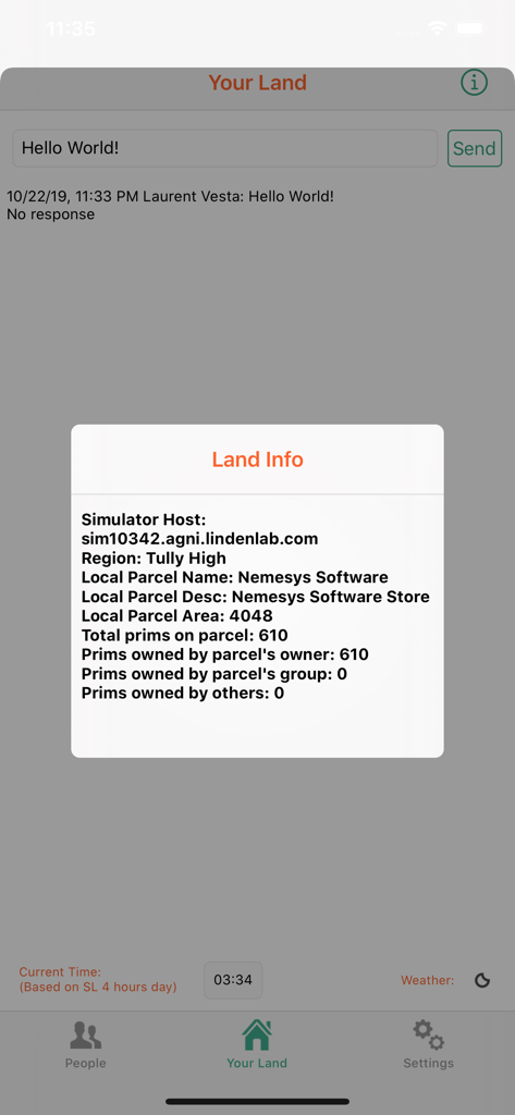 Second Lifeユーザー向けの仮想土地情報の詳細ポップアップを表示するSL Notifierアプリ画面