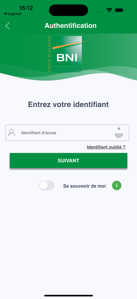 BNIONLINE - BNIONLINE mobile banking app authentication and login screen in French
