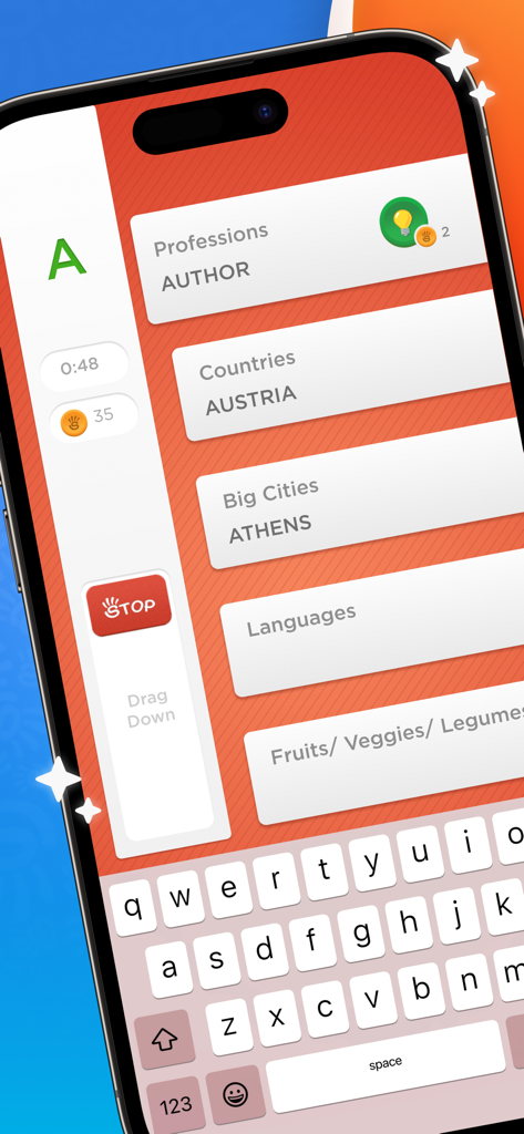 Stop - Categories Word Game - ストップ単語ゲームのインターフェースが表示されたスマートフォン。文字Aから始まるカテゴリーが表示されています。