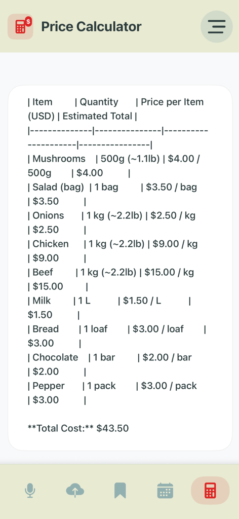 Voice Shopping list - Shopping list price calculator screen showing items and estimated total cost.