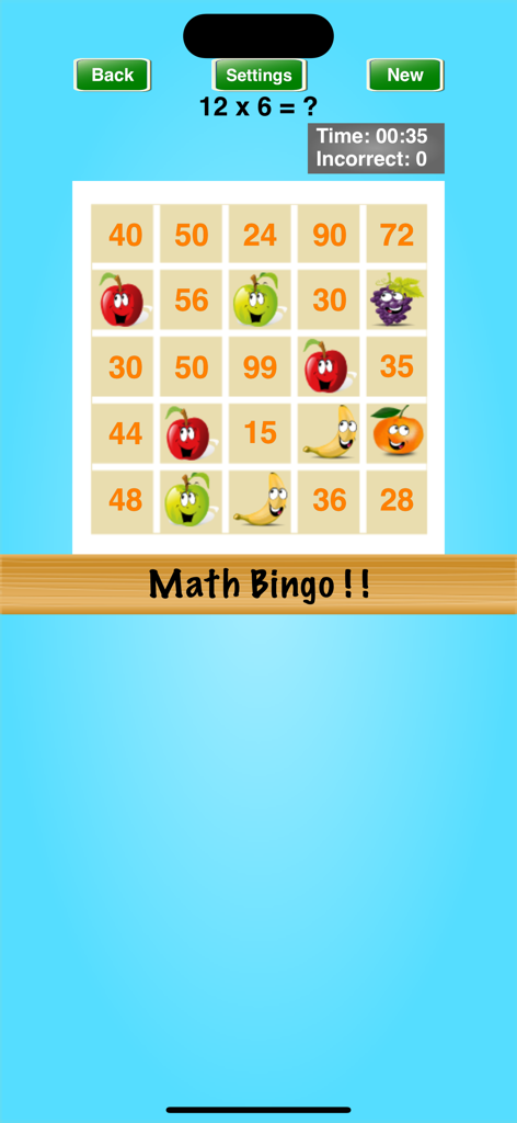 Math Bingo ! ! - Math Bingo gameplay screen with a multiplication problem and a grid of numbers and cartoon fruit.