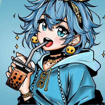 hot baddie anime girl drinking boba and biting the straw