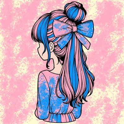 realistic girl  with hip length hair a bun and a big bow on the back of head