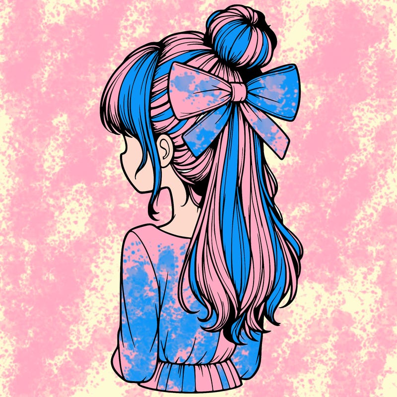realistic girl  with hip length hair a bun and a big bow on the back of head