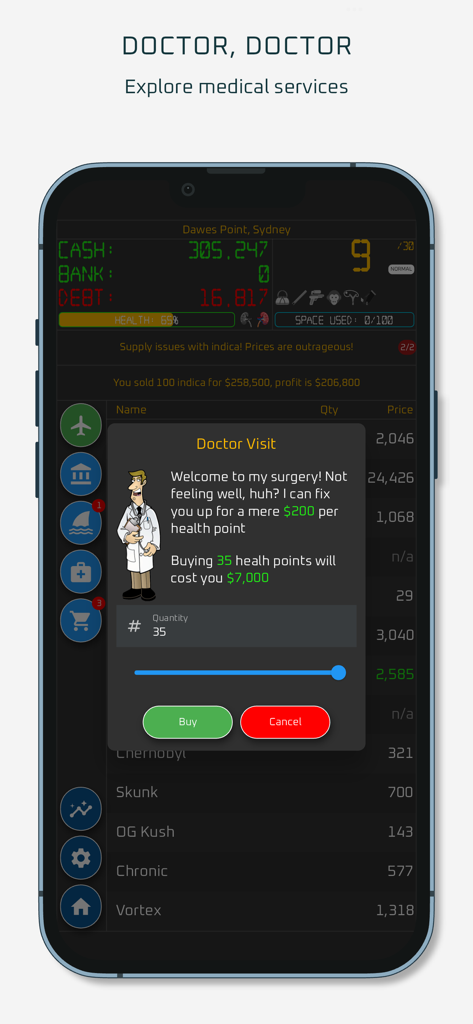 In-game screenshot of Dope Wars Weed Edition showing a doctor visit pop-up where players can purchase health points for cash.