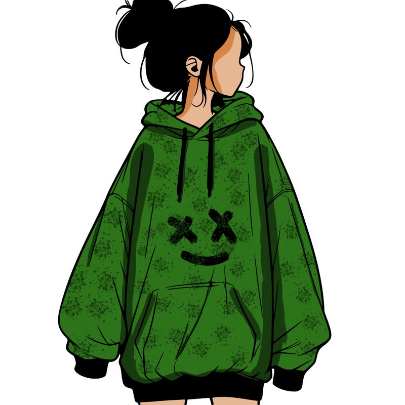 realistic girl with a oversized sweatshirt on and a bun