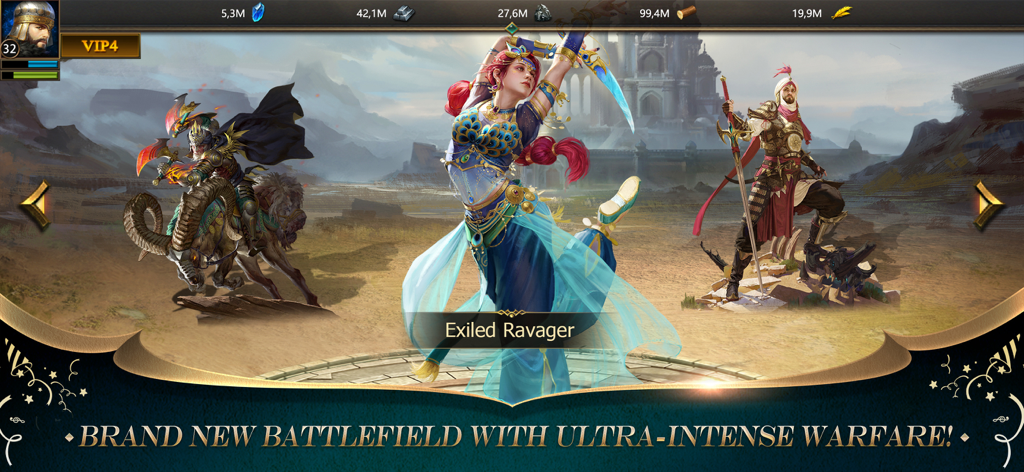 Guerriero arabo e ballerina sul campo di battaglia nel deserto nel gioco di strategia mobile Revenge of Sultans