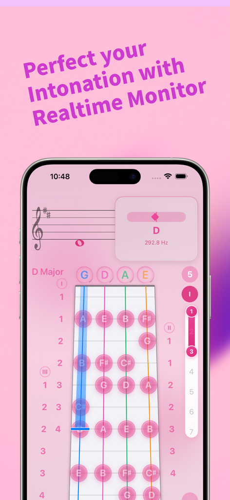 Violin Vista app interface displaying real-time intonation monitoring and a fingerboard note chart.