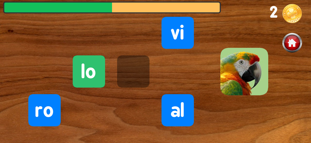 Educational game screen showing the Spanish word for parrot being constructed using syllable tiles