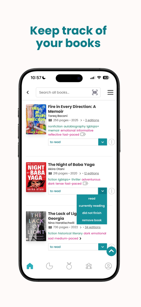 StoryGraph: Reading Tracker - The StoryGraph app interface showing a list of books with mood labels and a dropdown menu to update reading status.